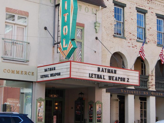 The marquee of the Capitol Theatre in Port Hope is transported back to 1989 for a flashback scene to the first "IT" film. (Photo: April Potter / kawarthaNOW.com)