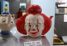 Port Hope merchants and residents have welcomed the cast and crew for the filming of the sequel to the 2017 blockbuster horror film IT based on the book by Stephen King. Local artist Brenda Sullivan of Dragon Clay Productions created this Pennywise teapot, an homage to the film's villainous clown. (Photo: April Potter / kawarthaNOW.com)