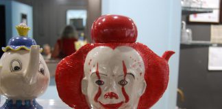 Port Hope merchants and residents have welcomed the cast and crew for the filming of the sequel to the 2017 blockbuster horror film IT based on the book by Stephen King. Local artist Brenda Sullivan of Dragon Clay Productions created this Pennywise teapot, an homage to the film's villainous clown. (Photo: April Potter / kawarthaNOW.com)