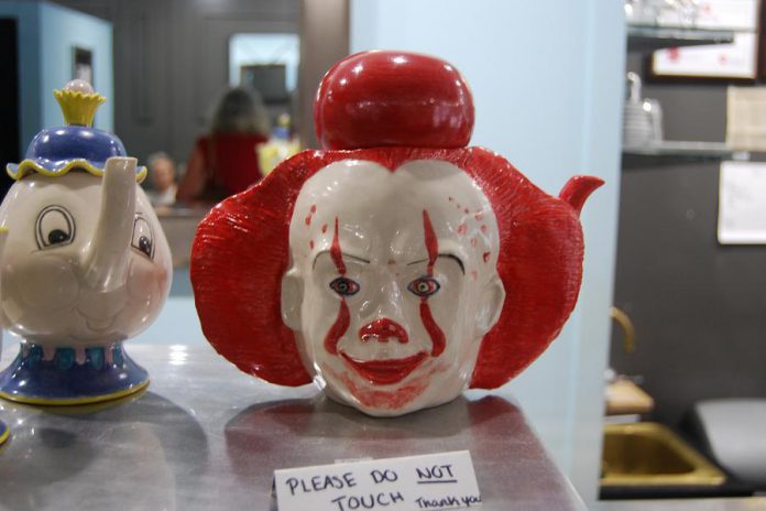 Port Hope merchants and residents have welcomed the cast and crew for the filming of the sequel to the 2017 blockbuster horror film IT based on the book by Stephen King. Local artist Brenda Sullivan of Dragon Clay Productions created this Pennywise teapot, an homage to the film's villainous clown. (Photo: April Potter / kawarthaNOW.com)