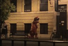 Sarah "T-Rex" Anderson walks down Hunter Street West in downtown Peterborough in her dinosaur costume. The Peterborough resident is thinking of creating a group where people can do safe, silly and fun things. (Screenshot from Facebook video by Amanda Stewart)