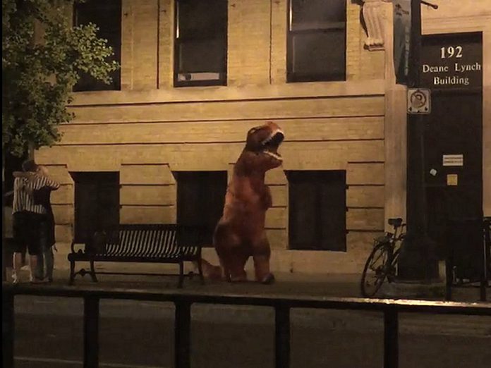 Sarah "T-Rex" Anderson walks down Hunter Street West in downtown Peterborough in her dinosaur costume. The Peterborough resident is thinking of creating a group where people can do safe, silly and fun things. (Screenshot from Facebook video by Amanda Stewart)