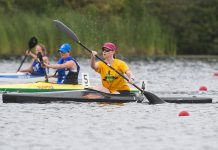 Tonya Cunningham of the Peterborough Canoe & Kayak Club won the bronze medal in the Women's K1 D race at the 2018 Canadian Masters Sprint Canoe-Kayak Championships in Sherbrooke, Quebec on September 2, 2018. (Photo courtesy of Peterborough Canoe & Kayak Club)