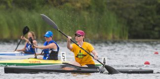 Tonya Cunningham of the Peterborough Canoe & Kayak Club won the bronze medal in the Women's K1 D race at the 2018 Canadian Masters Sprint Canoe-Kayak Championships in Sherbrooke, Quebec on September 2, 2018. (Photo courtesy of Peterborough Canoe & Kayak Club)