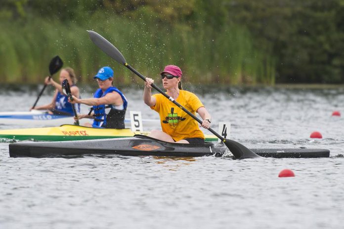 Tonya Cunningham of the Peterborough Canoe & Kayak Club won the bronze medal in the Women's K1 D race at the 2018 Canadian Masters Sprint Canoe-Kayak Championships in Sherbrooke, Quebec on September 2, 2018. (Photo courtesy of Peterborough Canoe & Kayak Club)