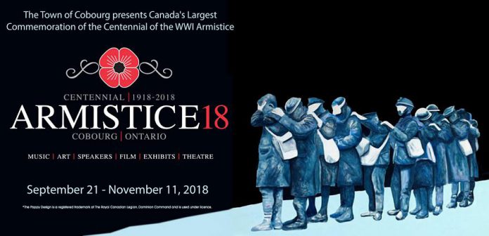 Armistice 18, which runs until Remembrance Day in the Town of Cobourg, features music, art, speakers, film, exhibits, and theatre, all commemorating the centennial of the 1918 armistice between the Allies and Germany ending the First World War. (Graphic: Town of Cobourg)