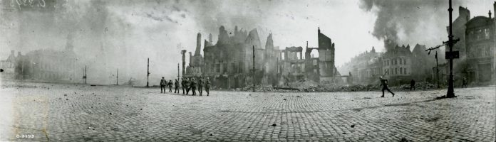 One of the centrepieces of Armistice 18 is the display of 40 panoramic photographs taken by Canada's most prominent war photographer William Rider-Rider that haven't been displayed since 1989. Pictured is one of Rider-Rider's panoramic photographs from Library and Archives Canada, showing Canadian soldiers entering the Square in Cambrai, France in October 1918. The retreating Germans set fire to the town, but the rapid occupation allowed much of the city to be saved from the flames. 