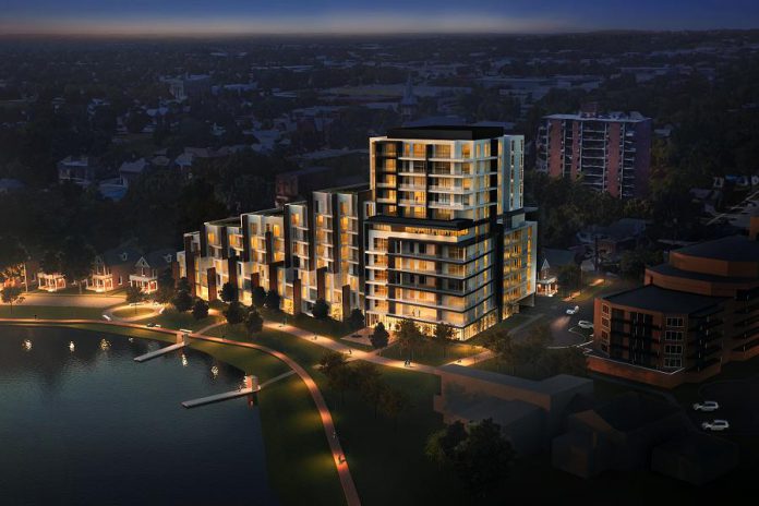 A nightime rendering of Ashburnham Realty's proposed new luxury condo development on Crescent Street on the shores of Little Lake in Peterborough. (Supplied image)