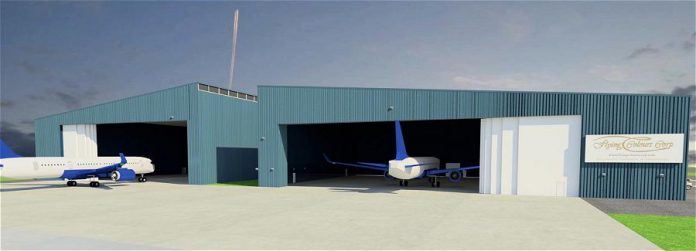 Designed for large jets, the new 100,000-square-foot hanger will include a 40,000-square-foot paint shop and 40,000 square feet for maintenance and interior work. (Rendering: Flying Colours Corp.)