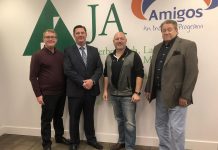 Alf Curtis Home Improvements Inc. has invested $15,000 into Junior Achievement of Peterborough Lakeland Muskoka (JA-PLM). Pictured are Alf Curtis president Brent Perry (second from right) with JA-PLN Executive Assistant Cody McIntyre, Innovation Cluster president and CEO Michael Skinner, and JA-PLM president and CEO John McNutt. (Photo courtesy of JA-PLM)