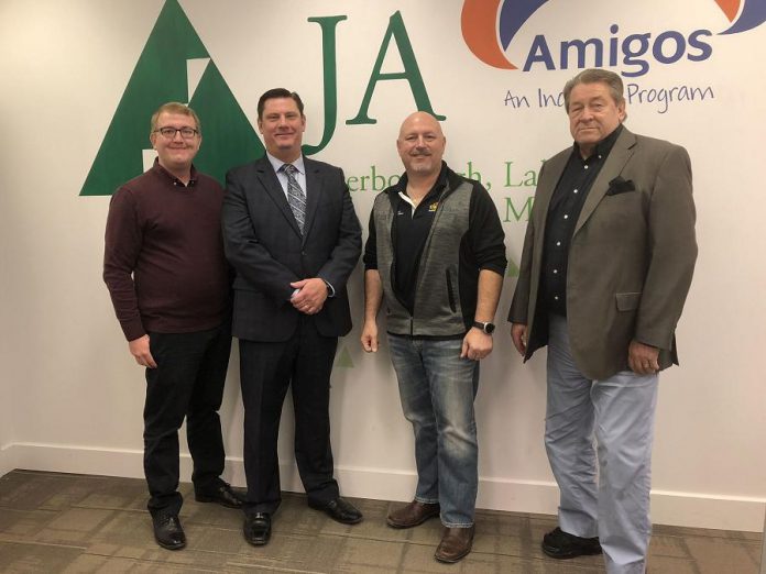 Alf Curtis Home Improvements Inc. has invested $15,000 into Junior Achievement of Peterborough Lakeland Muskoka (JA-PLM). Pictured are Alf Curtis president Brent Perry (second from right) with JA-PLN Executive Assistant Cody McIntyre, Innovation Cluster president and CEO Michael Skinner, and JA-PLM president and CEO John McNutt. (Photo courtesy of JA-PLM)