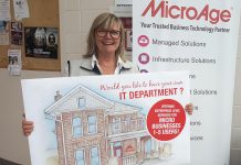 Amy Simpson, owner of information technology solutions firm MicroAge Peterborough (which is celebrating 35 years in business), launched a new offering for micro-businesses at the Peterborough Chamber of Commerce's Love Local Trade Show on October 3, 2018. (Photo: Jeannine Taylor / kawarthaNOW.com)