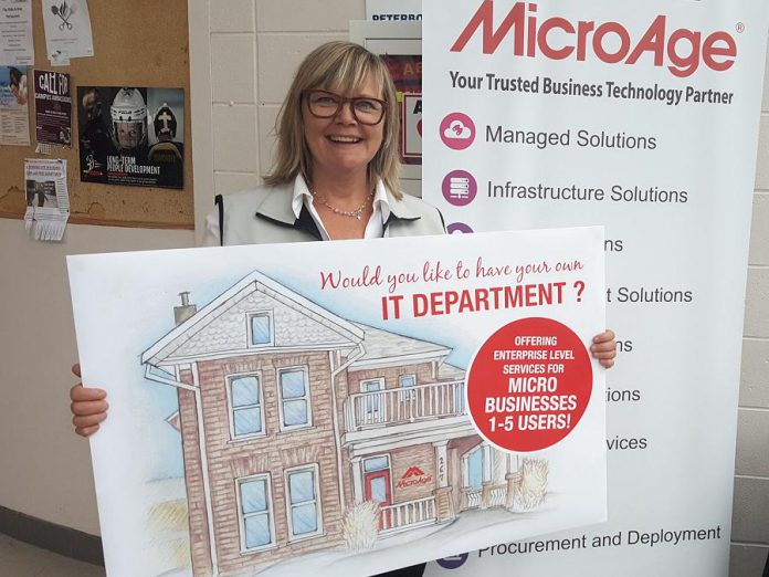 Amy Simpson, owner of information technology solutions firm MicroAge Peterborough (which is celebrating 35 years in business), launched a new offering for micro-businesses at the Peterborough Chamber of Commerce's Love Local Trade Show on October 3, 2018. (Photo: Jeannine Taylor / kawarthaNOW.com)