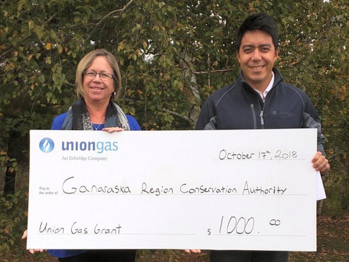 Brian Alexander, Utility Services Manager with Union Gas in Cobourg, presents a $1,000 cheque to Linda Laliberte, CAO/Secretary-Treasurer with Ganaraska Region Conservation Authority. (Supplied photo)