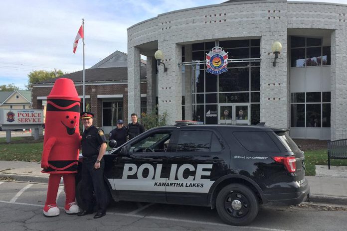 Tip the Crayon went on a tour of Lindsay last week, stopping off at various locations including the Kawartha Lakes Police Service, to promote the annual Crayola Sale fundraiser for the United Way for the City of Kawartha Lakes. (Photo: United Way for the City of Kawartha Lakes)