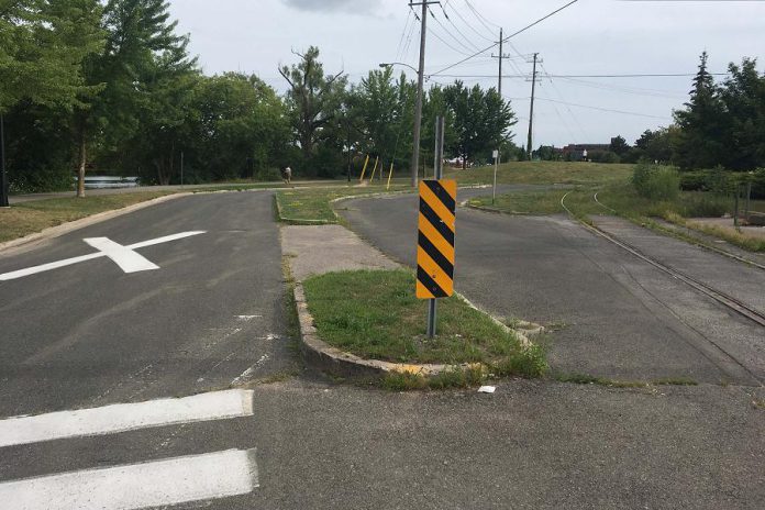 This site at 100 Water Street, behind No Frills and alongside the trail at Millennium Park in Peterborough, is the location of the next GreenUP Depave Paradise project, set to commence on October 11th. Volunteers will help to remove a section of asphalt from the road and replace it with a garden. (Photo: Dawn Pond)