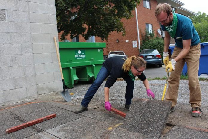 Volunteers remove pavement at the corner of Brock St. and Park St. in Peterborough, where a busy walkway in front of The Wine Shoppe on Park was transformed in 2016 from asphalt into a beautiful garden to divert 200 cubic meters of stormwater. GreenUP's fourth and largest Depave Paradise project will take place at the new Downtown Vibrancy Project site at the south end of Millennium Park, behind the No Frills parking lot, on October 11 and 12, 2018. (Photo: GreenUP)