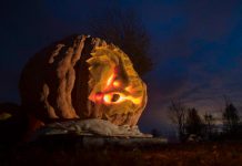 Fred Thornhill, a veteran photojournalist who resides near Bobcaygeon, took this photo of Canada's largest pumpkin, a 1,959-pound monster grown by Phil and Jane Hunt of Cameron, located north of Lindsay. Andrew Munro carved the pumpkin into a jack-o'-lantern, which is on display in the Hunts' front yard off Highway 35. (Photo: Fred Thornhill Photography)