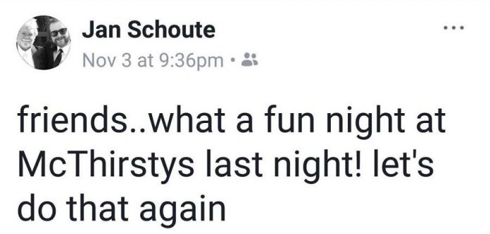 Jan Schoute was loved for his exuberant personality and his willingness to play anywhere at any time for any cause. This was his final Facebook post on November 3, 2017, two days before he suffered a heart attack and died.