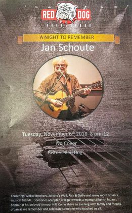 "A Night To Remember" takes place on Tuesday, November 6, 2018 at the Historic Red Dog in downtown Peterborough. The event will feature live music and reminisces of the late Peterborough musician Jan Schoute, who passed away suddenly on November 5, 2017.