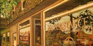 Hppenstance Books & Yarns in Lakefield, pictured below in a painting by local artist Marilyn Goslin, is one of 27 finalists in the Kawartha Chamber of Commerce & Tourism's 2018 Awards of Excellence, which will be presented on Thursday, November 8th at Lakefield College School.