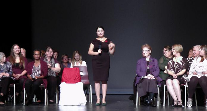 MP Maryam Monsef addresses the crowd at Showplace Performance Centre while some of the award recipients look on. (Photo: Bruce Head / kawarthaNOW.com)