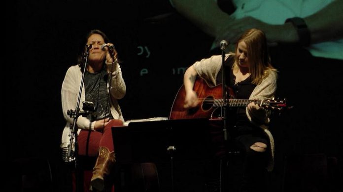 Local musicians Missy Knott and Hillary Dumoulin entertain the crowd in the Erica Cherney Theatre at Showplace Performance Centre before the awards ceremony. (Photo: Bruce Head / kawarthaNOW.com)