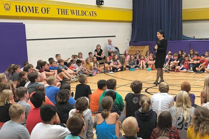 Peterborough-Kawartha MP and Minister of Status of Women Maryam Monsef speaks to a student assembly at Westmount Public School in Peterborough on October 11, 2018 during International Day of the Girl. (Photo: Office of Maryam Monsef)