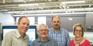 Brant Basics founder Morris Cox (second from left, pictured in 2013 with his children and current Brant owners Jeff Cox, David Cox, and Susan Sharp) was named the Business Citizen of the Year at the Peterborough Business Excellence Awards ceremony at Showplace Performance Centre in downtown Peterborough on October 17, 2018. (Photo: Pat Trudeau)
