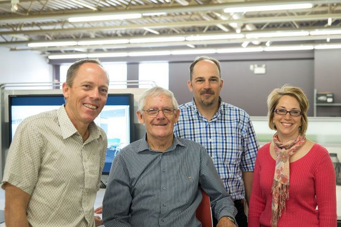 Brant Basics founder Morris Cox (second from left, pictured in 2013 with his children and current Brant owners Jeff Cox, David Cox, and Susan Sharp) was named the Business Citizen of the Year at the Peterborough Business Excellence Awards ceremony at Showplace Performance Centre in downtown Peterborough on October 17, 2018. (Photo: Pat Trudeau)