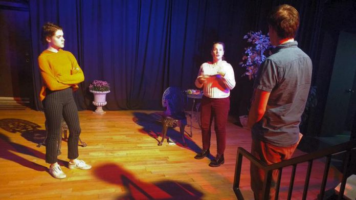 Director Altraire Gurai (centre) breaks down a scene with Anwen O'Driscoll and David Draper in the award-winning drama "Proof". (Photo: Sam Tweedle / kawarthaNOW.com)