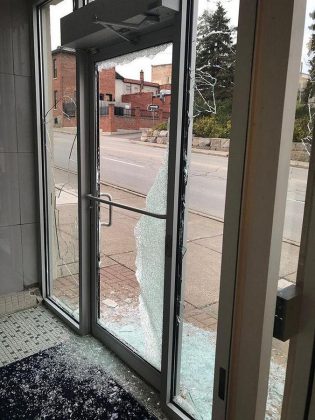 Vandals smashed the glass of the front door of Haliburton-Kawartha Lakes-Brock MPP and Minister of Labour Laurie Scott's constituency office in downtown Lindsay  near midnight on October 23, 2018. The vandals also entered the office, overturned furniture, and used a fire extinguisher to damage items in the office.  (Photo: Office of the Premier)