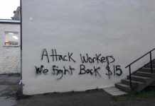 Vandals spray painted "Attack Workers We Fight Back $15" on a wall outside of Haliburton-Kawartha Lakes-Brock MPP and Minister of Labour Laurie Scott's constituency office in downtown Lindsay near midnight on October 23, 2018. The vandals also smashed the glass in the office's door and front window, entered the office and overturned furniture and caused other damage. (Photo: Office of the Premier)