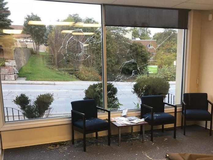 Vandals smashed the front plate glass window of Haliburton-Kawartha Lakes-Brock MPP and Minister of Labour Laurie Scott's constituency office in downtown Lindsay near midnight on October 23, 2018. Total damage is estimated at $15,000.  (Photo: Office of the Premier)