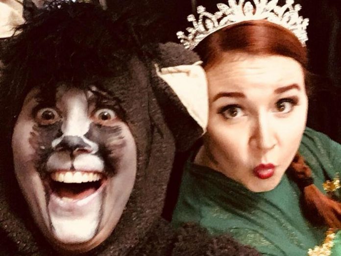 An early make-up test of Lindsay Barr as Donkey and Elizabeth Moody as Princess Fiona.  This is Elizabeth's first lead role in a musical.  (Photo: St. James Players)
