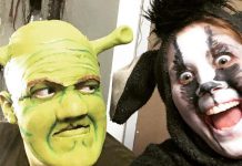 An early make-up test of Rowan Lamoureux as Shrek and Lindsay Barr as Donkey in the St. James Players' production of "Shrek: The Musical", which runs from November 9 to 17 at Showplace Performance Centre in Peterborough. (Photo: St. James Players)