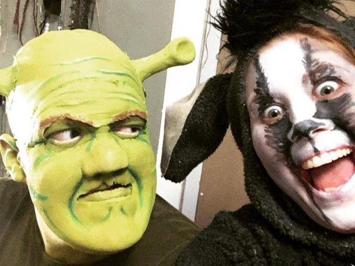 An early make-up test of Rowan Lamoureux as Shrek and Lindsay Barr as Donkey in the St. James Players' production of "Shrek: The Musical", which runs from November 9 to 17 at Showplace Performance Centre in Peterborough. (Photo: St. James Players)