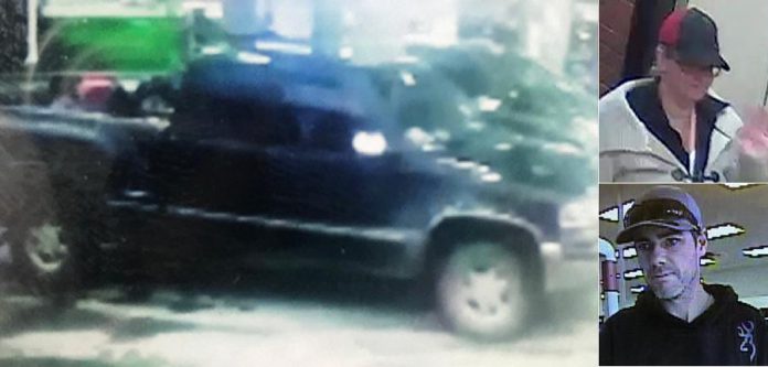 Kawartha Lakes OPP are seeking the public's assistance in identifying the GMC Sierra pick-up truck and two suspects, the female driver and male passenger, shown in these photos. (Supplied photos)