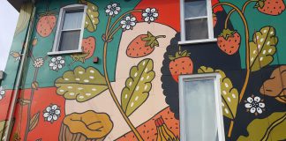 A detail of "Rebirth and Resilience", the latest public art mural in the the City of Peterborough Public Art Program, which was officially unveiled today at the YES Shelter for Youth and Families building at 196 Brock Street in downtown Peterborough. The mural created by Toronto-based artists Caitlin Taguibao and Andrea Manica. (Photo: Jeannine Taylor / kawarthaNOW.com)
