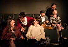 In "Appropriate Audience Behaviour", Ashley (Emma Meinhardt, front left) and Carol (Sam Weatherdon, front right) are two high school students trying to enjoy a performance of Hamlet despite the distractions created by fellow audience members including a patronizing Shakespeare snob (Kelsey Gordon Powell, front centre). Also pictured are Andrew Root, Sheila Carleton, and Nathan Govier. The production runs from November 29 to December 1, 2018 at The Theatre On King in downtown Peterborough. (Photo: Andy Carroll)