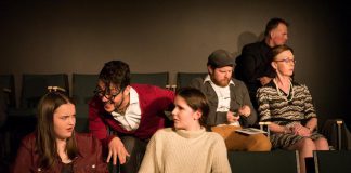 In "Appropriate Audience Behaviour", Ashley (Emma Meinhardt, front left) and Carol (Sam Weatherdon, front right) are two high school students trying to enjoy a performance of Hamlet despite the distractions created by fellow audience members including a patronizing Shakespeare snob (Kelsey Gordon Powell, front centre). Also pictured are Andrew Root, Sheila Carleton, and Nathan Govier. The production runs from November 29 to December 1, 2018 at The Theatre On King in downtown Peterborough. (Photo: Andy Carroll)