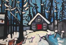 A detail from "Quebec Cabin, From the River, in Spring" by Jennifer Churchill, whose series of bold and bright contemporary landscapes depicting the Canadian North is currently on display at the Agnes Jamieson Gallery in Minden. (Photo courtesy of the artist)