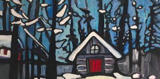 A detail from "Quebec Cabin, From the River, in Spring" by Jennifer Churchill, whose series of bold and bright contemporary landscapes depicting the Canadian North is currently on display at the Agnes Jamieson Gallery in Minden. (Photo courtesy of the artist)