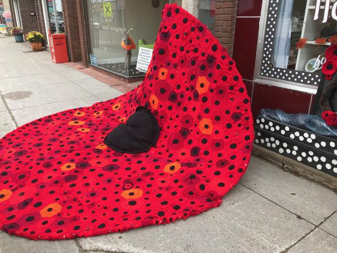 Volunteers from Bancroft's Hospice North Hastings sewed thousands of smaller hand-crafted poppies together to create an 11-foot tall poppy. Last year, the volunteers had covered the Constable Thomas Kehoe Memorial Bridge across the York River in Bancroft with more than 2,000 poppies. (Photo: Barb Shaw)