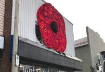 A huge hand-crafted poppy, created from thousands of smaller hand-crafted poppies, is on display on the front of the Hospice North Hastings store, Vintage on Hastings (67 Hastings St. N., Bancroft) until Remembrance Day. (Photo: Barb Shaw)