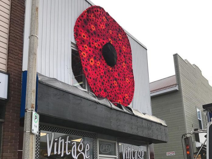 A huge hand-crafted poppy, created from thousands of smaller hand-crafted poppies, is on display on the front of the Hospice North Hastings store, Vintage on Hastings (67 Hastings St. N., Bancroft) until Remembrance Day. (Photo: Barb Shaw)