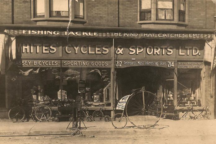 Whites Cycles & Sports Ltd., one of Peterborough's earliest bicycle shops. (Photo courtesy of Peggy Brownscombe via The Bicycle Museum)