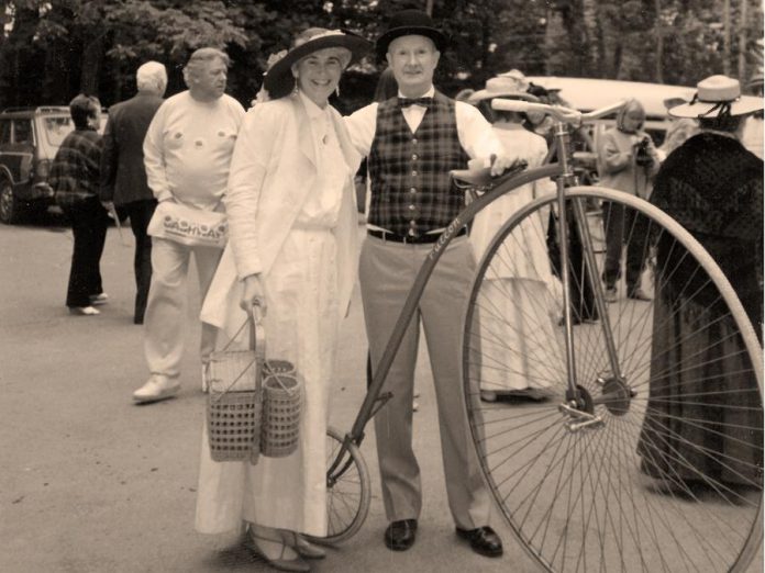 Dr. Wilbert Willoughby Belch with his replica penny-farthing "high wheel" bicycle in 1967 at Canada's centennial celebration in Jackson Park in Peterborough. You can see the replica bike as part of the The Bicycle Museum's pop-up exhibit at the Peterborough Public Library, which opens on December 3, 2018 and runs until January. (Photo courtesy of The Bicycle Museum)