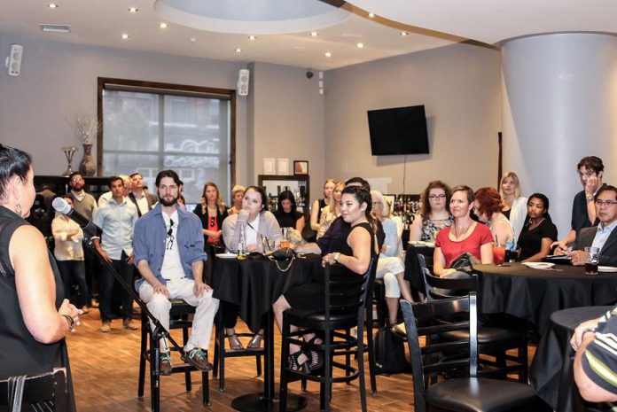 kawarthaNOW.com publisher Jeannine Taylor (far left) at a FastStart Peterborough E-Connect networking event.  Nancy Nickle and Tracey Ormond will be the speakers at the  E-Connect event at The Venue in Peterborough on November 13, 2018 during Global Entrepreneurship Week. (Photo courtesy of the Innovation Cluster)