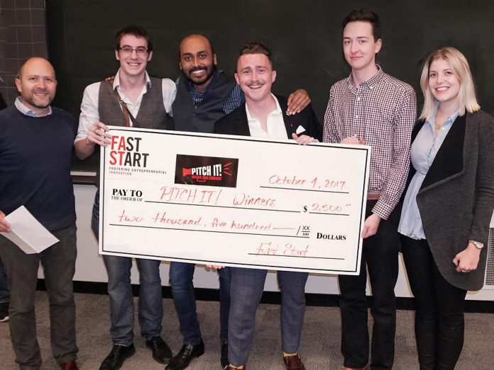 The Innovation Cluster and Trent Business Students Association have teamed up to celebrate Global Entrepreneurship Week this week with a series of events, including the Pitch It! entrepreneurial competition for Trent University and Fleming College students on November 15, 2018. Pictured are the winners of the 2017 Pitch It! entrepreneurial competition, where five teams each took home $500. (Photo courtesy of the Innovation Cluster)
